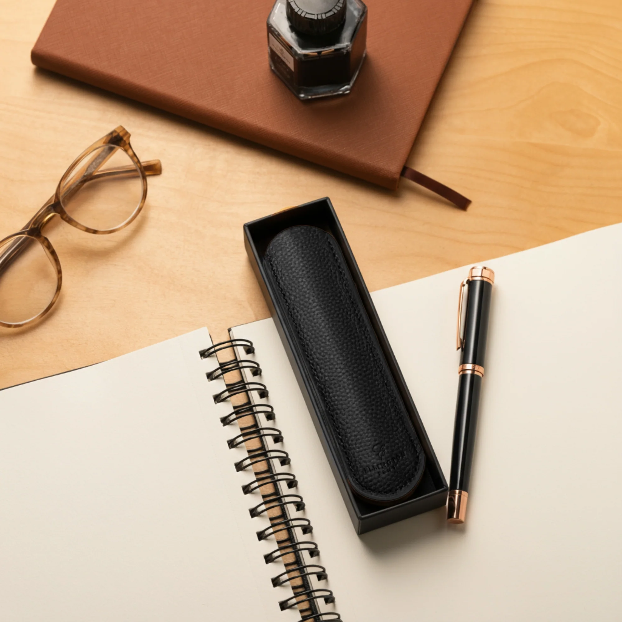 Black Leather Pen Sleeve with Gift Box - Image 4