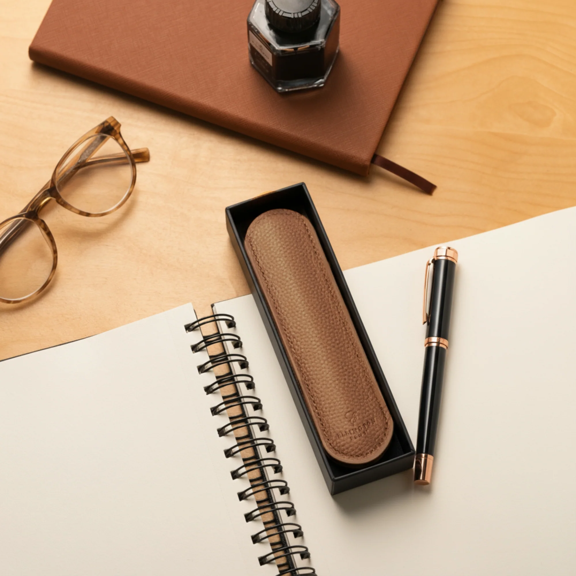 Tan Brown Leather Pen Sleeve with Gift Box - Image 4