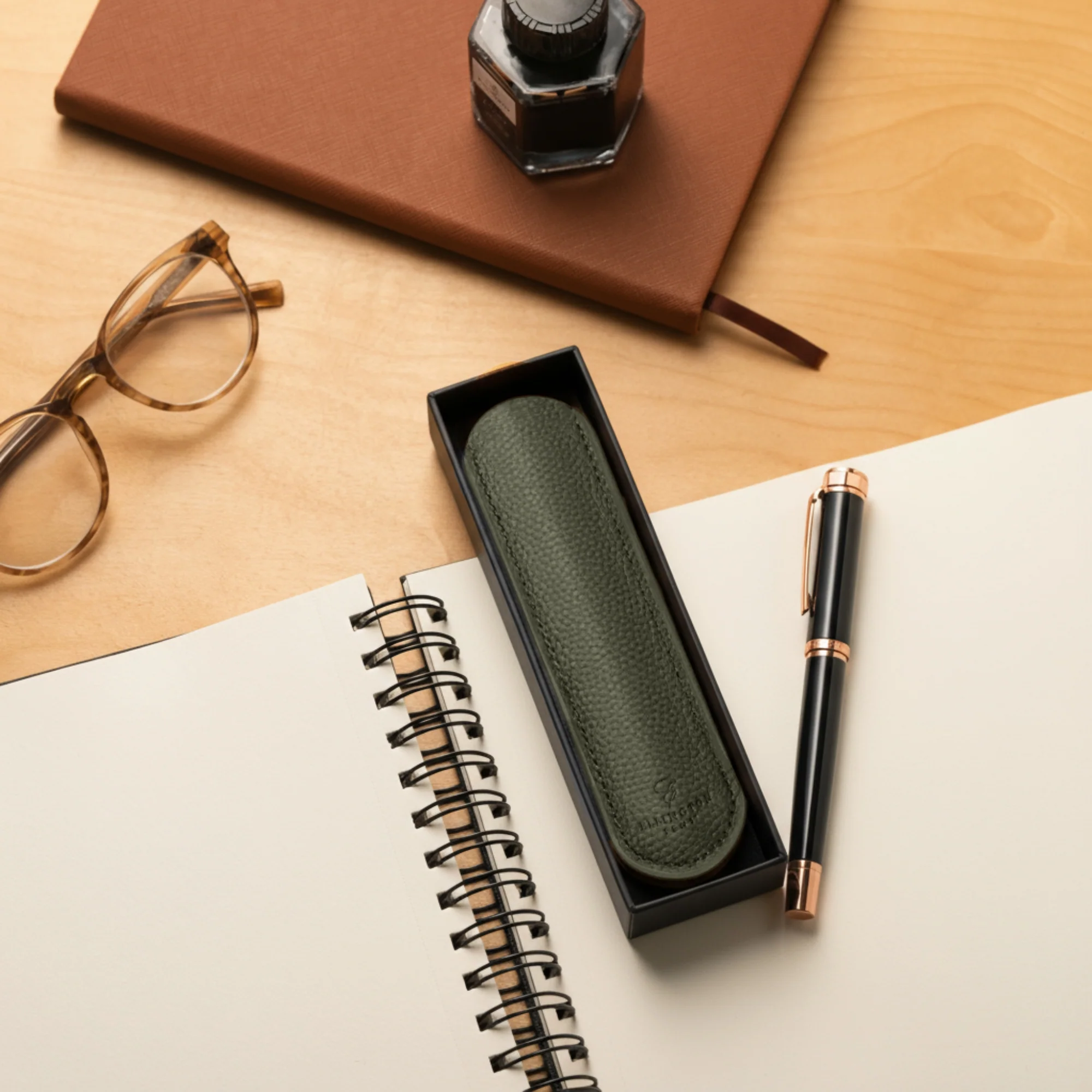 Khaki Green Leather Pen Sleeve with Gift Box - Image 4