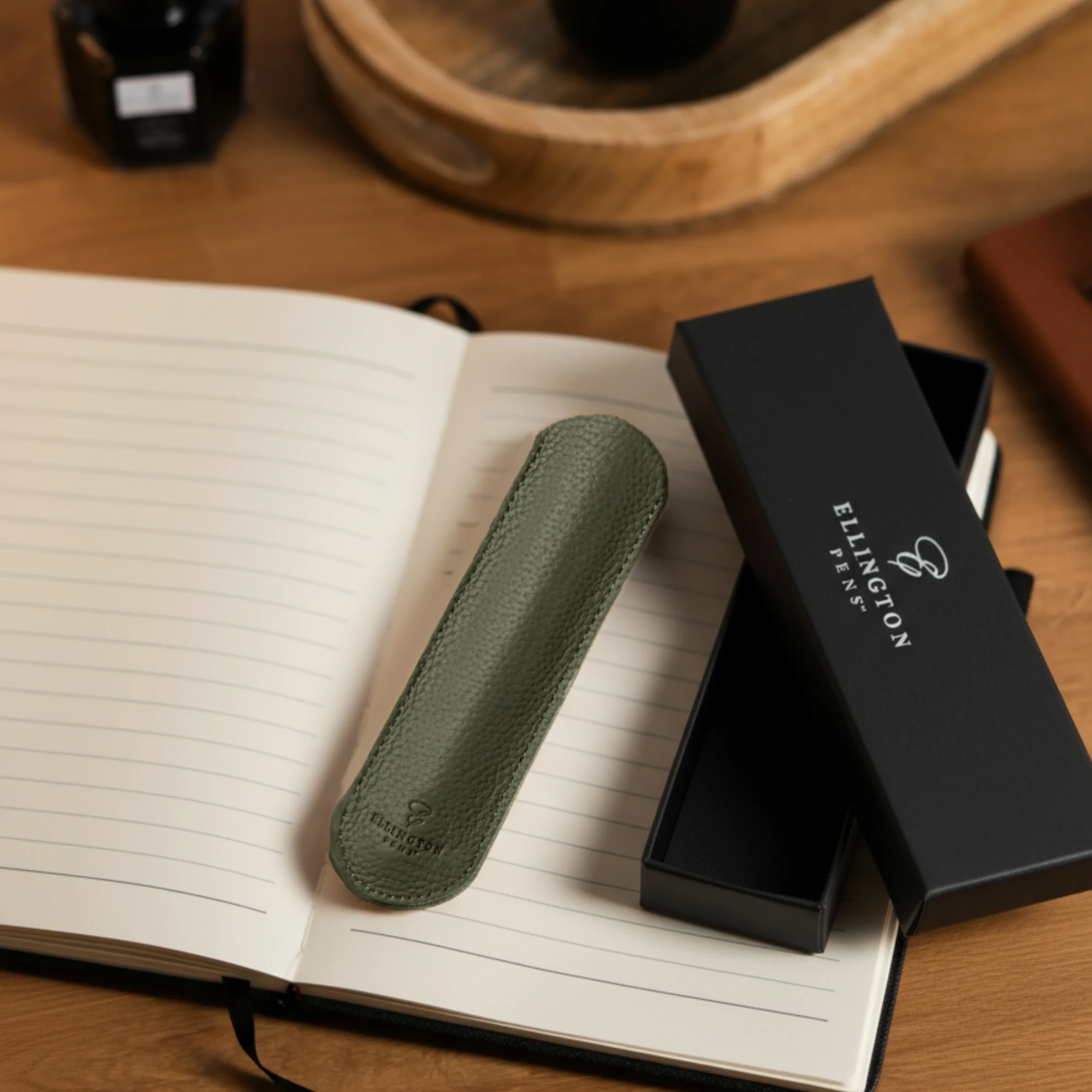 Khaki Green Leather Pen Sleeve with Gift Box - Image 6