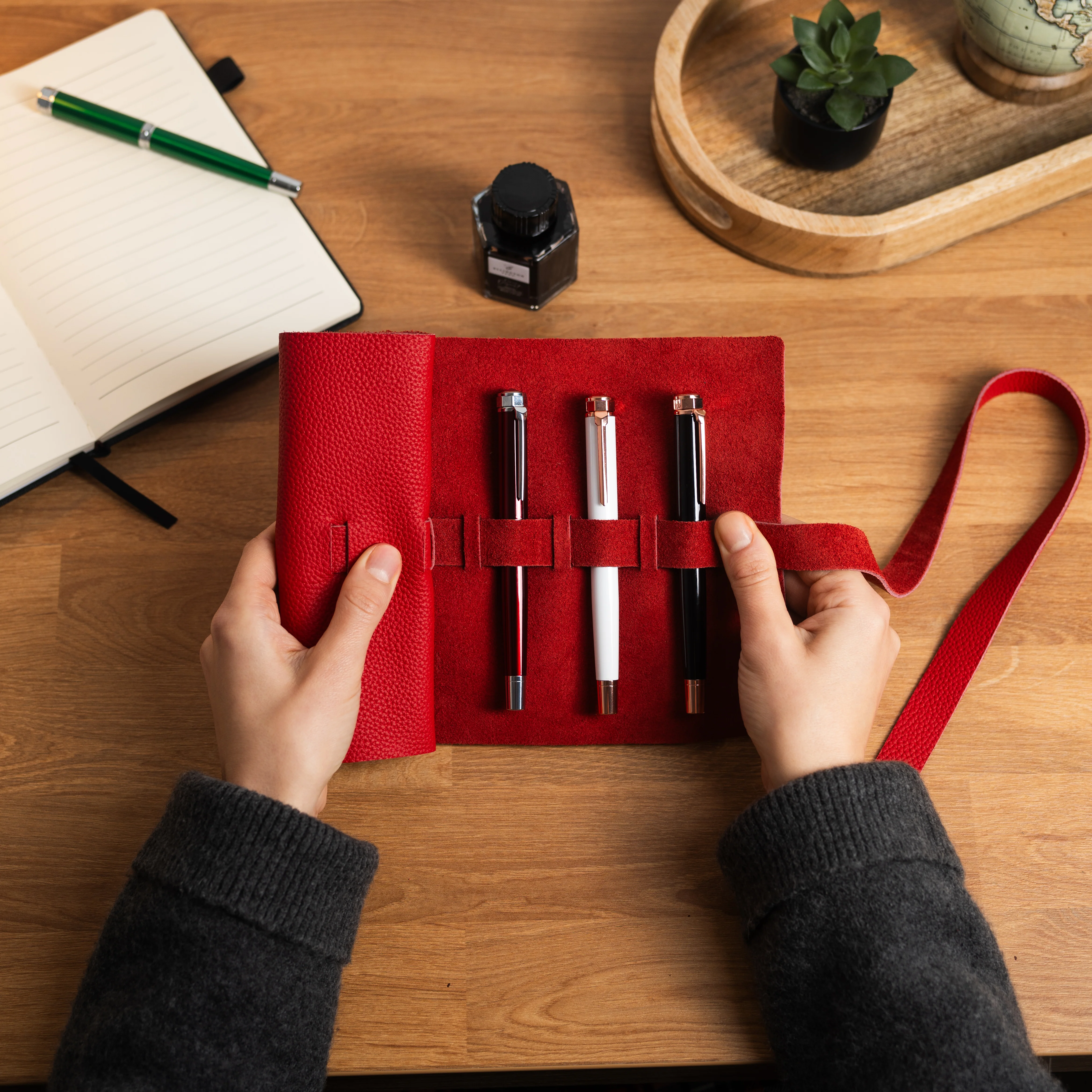 Leather Roll Pen Case Red - Image 4